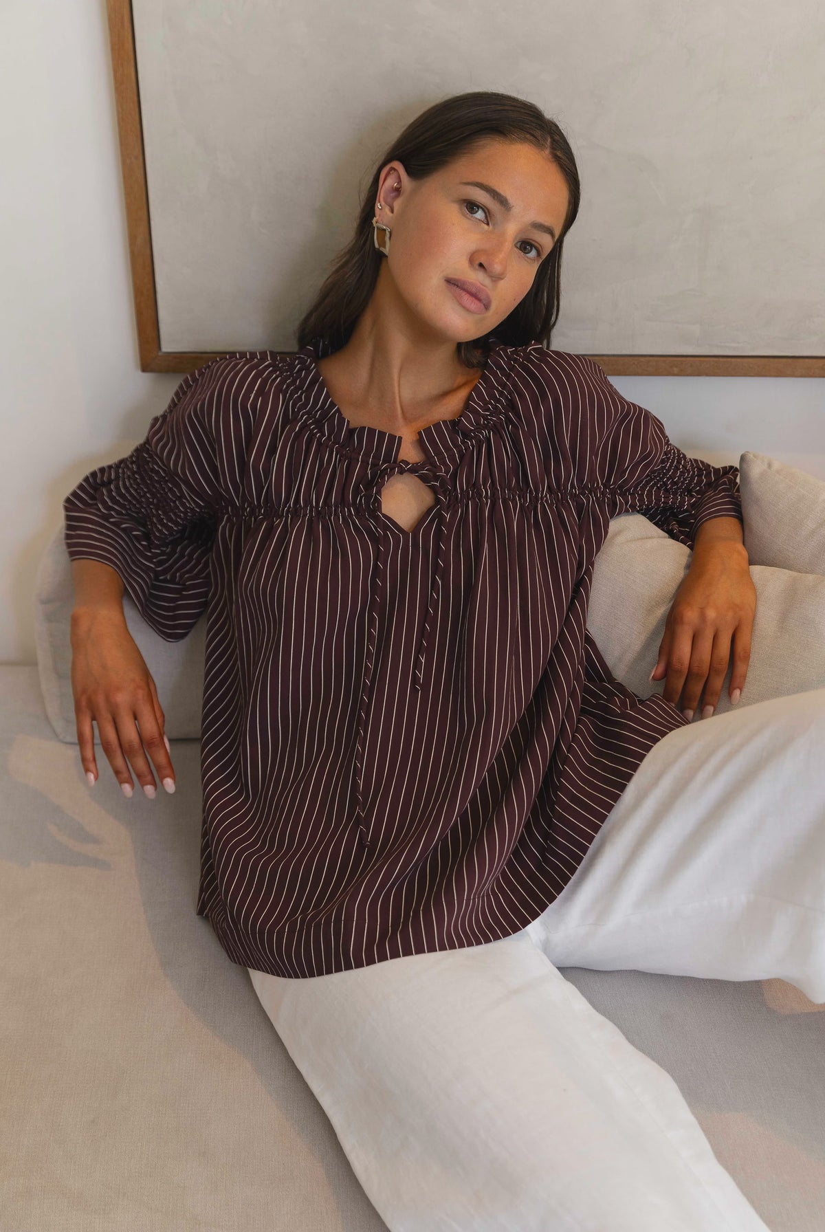 Blak Thea Shirred Pinstripe Top Wine