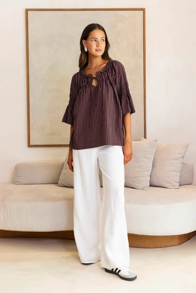 Blak Thea Shirred Pinstripe Top Wine